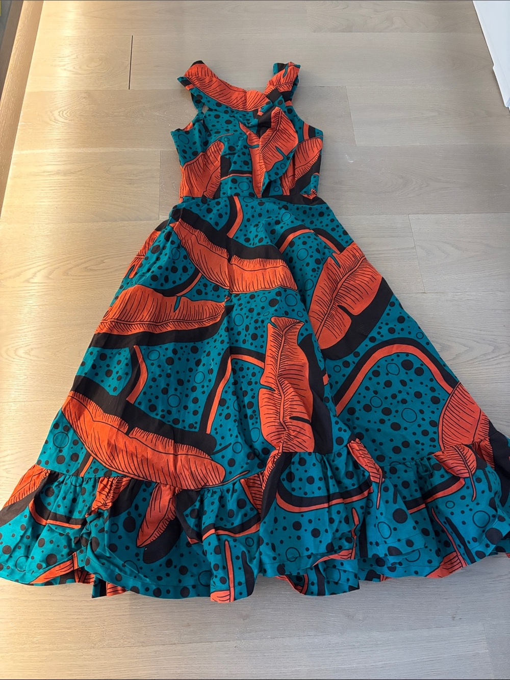 Sika Teal and Orange Ruffled Midi Dress